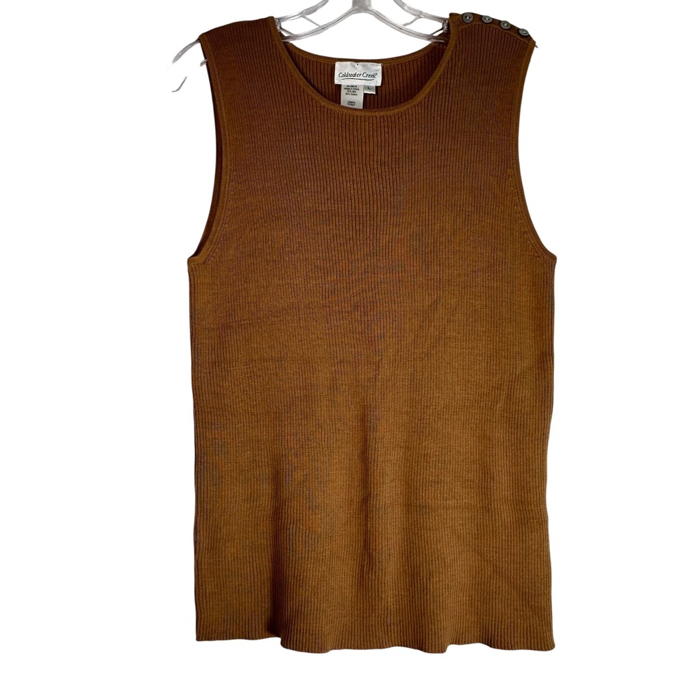 Coldwater Creek Brown Silk Cotton Ribbed Knit Sleeveless Button Shoulder Top L